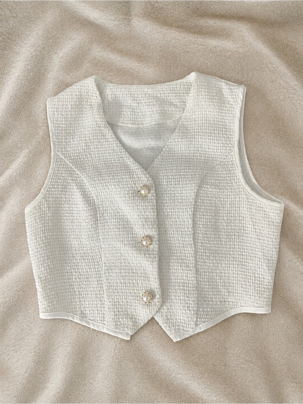 White Textured Tweed Vest with Pearl Buttons | Old Money Chic